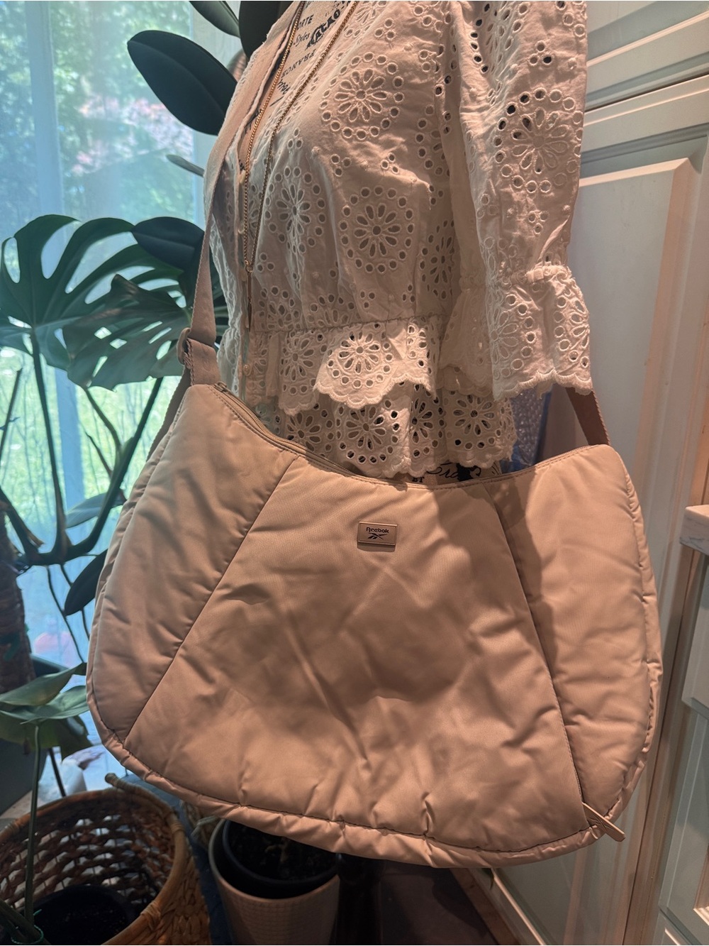 REEBOK Light Beige Nylon Quilted Shoulder Bag